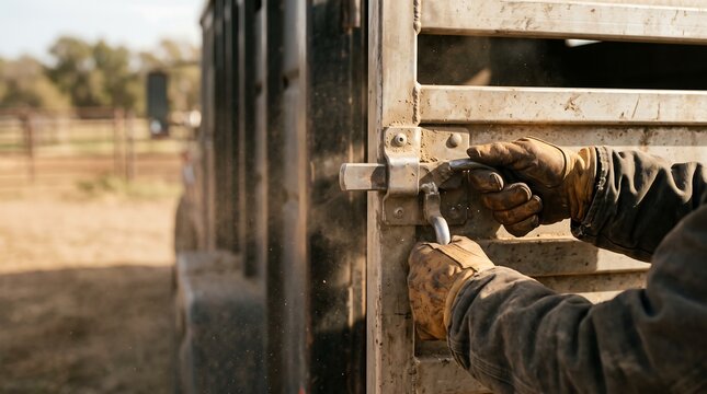 Farmer in leather gloves secures latch on livestock trailer outdoors