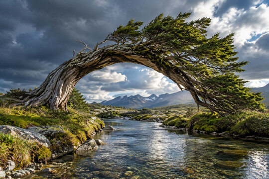 An old tree bent into an arch over a clear stream under a dramatic sky.