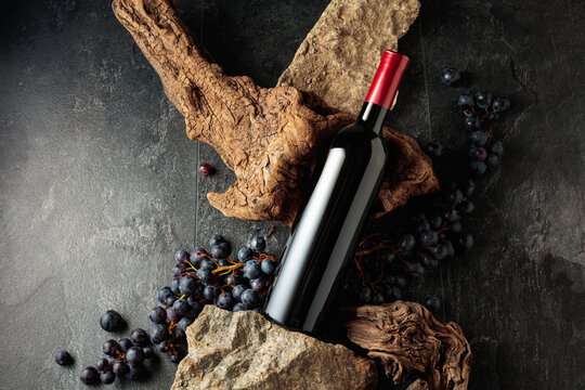 Bottle of red wine with stones, dried snags, and blue grapes.
