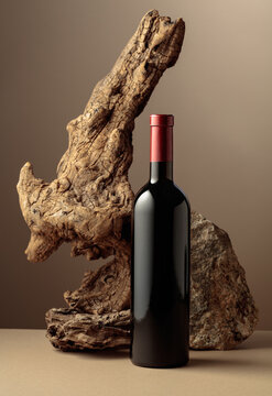 Bottle of red wine with old snag and a piece of granite rock on a beige background.