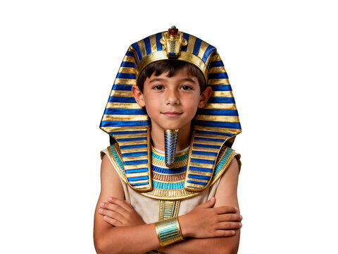 Regal Halloween Pharaoh, boy in blue and gold Nemyss headdress, ornate collar, metallic beard, arms crossed, isolated on transparent