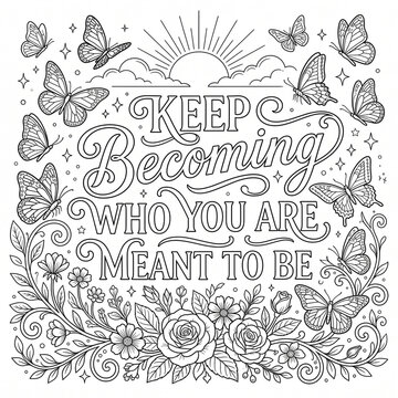 Black and white line art coloring page featuring butterflies flowers and an inspirational quote text