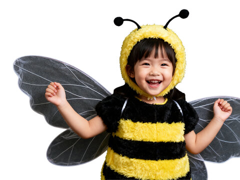 Gleeful Asian child in plush black and yellow bee costume, fuzzy antennae, sheer wings, wide infectious smile, isolated on transparent