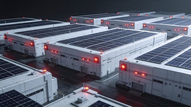 Rows of industrial buildings with solar panels