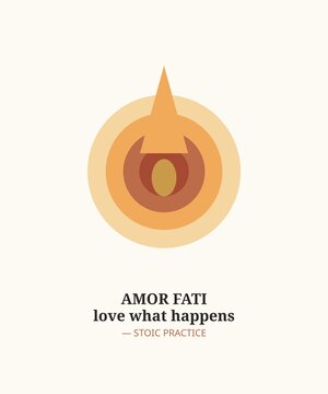 Amor fati flame illustration, stoic love of fate quote art with layered fire