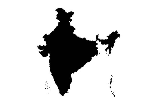 Black silhouette map of India with detailed national outline and major offshore islands, isolated on a white background.