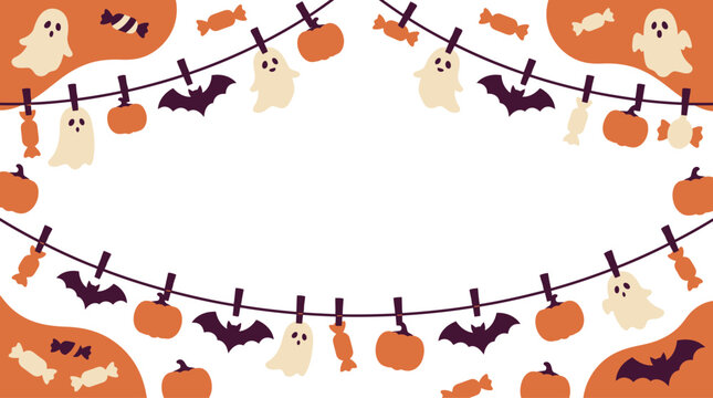 A delightful halloween background vector featuring charming ghosts playful bats and vibrant pumpkins suspended on a string creating a festive atmosphere