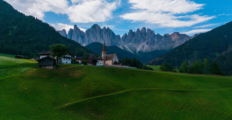 Obraz premium View of Val di Funes with the Chruch of Santa Maddalena in the Dolomites Mountains. Italy 