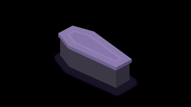 Stylized 3D isometric purple coffin casket isolated on transparent background with alpha channel for Halloween motion graphics and video compositing