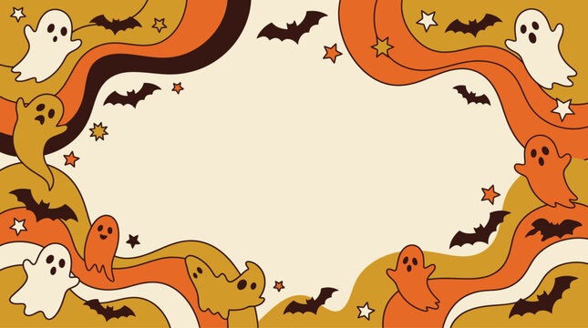 A delightful and spooky halloween background vector illustration featuring ghosts bats pumpkins and swirling autumn colored elements for festive designs