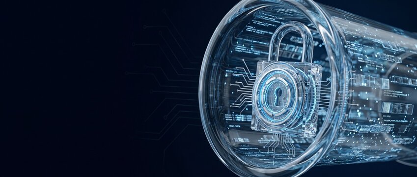 Futuristic 3D glass padlock with digital code inside a glowing security tunnel. Wide web banner background for October Cybersecurity Awareness Month with copy space