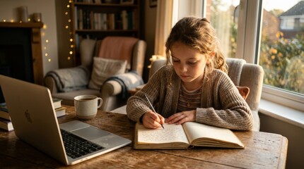 Obraz premium Thoughtful girl in a cozy cardigan writes in an old leather journal at a wooden table beside an open laptop, coffee mug and glowing string lights in a warm evening living room