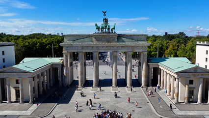 Brandenburg Gate In Berlin In Germany. Downtown District. Historical City. Unter Den Linden Avenue. Brandenburg Gate In Berlin In Germany. European Travel. Beautiful Landscape. © bydronevideos