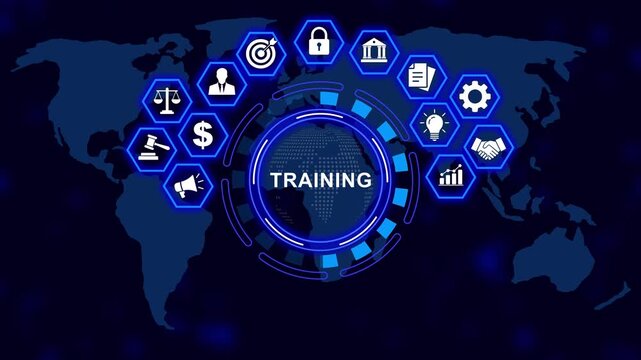 Corporate training and global business development concept featuring animated digital map interface with glowing hexagonal representing strategy, leadership, finance, and growth