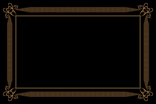 Luxury gold vintage border frame with swirl corner ornaments on a black background. Design for invitation cards, certificate, diploma templates, labels, and decorative borders. 3