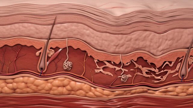 3D animation illustrating skin aging, showing gradual volume loss, collagen reduction, sagging tissue, and wrinkle formation, representing facial aging and changing skin structure, 4K video