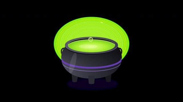 Cartoon witch cauldron bubbling with boiling green magic potion isolated on transparent background with alpha channel for Halloween motion graphics and video compositing