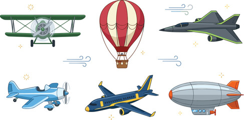 Aviation and Aircraft Vector Icon Set Featuring Vintage Biplane, Hot Air Balloon, Jet Fighter, Commercial Airplane, and Zeppelin Blimp Illustrations © Abul