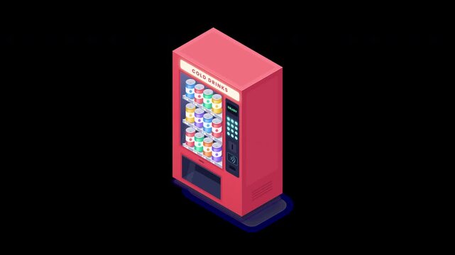 Isometric 3D red soda vending machine with cold beverage cans isolated on transparent background with alpha channel for motion graphics and game design compositing