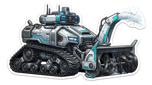 Autonomous robot snow blower clearing winter paths on white background