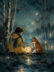 Fototapeta premium Child meets fox beside glowing lantern in enchanted forest