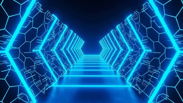 Futuristic neon tunnel with hexagonal walls