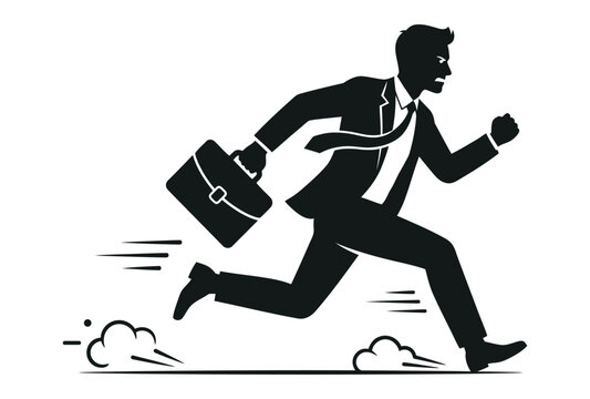 Businessman Running Fast With Briefcase In Suit Vector Silhouette