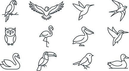 Obraz premium Minimalist Bird Line Art Icon Set Featuring Eagle, Hummingbird, Owl, Flamingo, Pelican, Kingfisher, Toucan, Swan, and Duck Vectors for Modern Graphic Designs