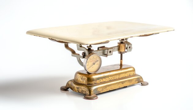vintage brass kitchen scale isolated white background antique weighing device culinary history retro decor website banner