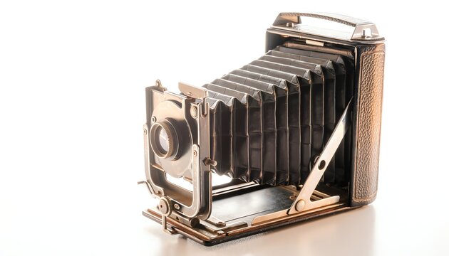 Vintage bellows folding camera isolated white background retro photography equipment for history blog or museum website banner