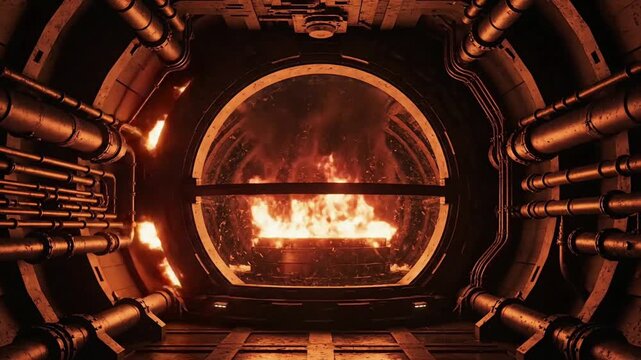Cinematic view of a hellish industrial furnace with roaring orange flames and sparks inside a dark metallic tunnel with glowing pipes and smoke.