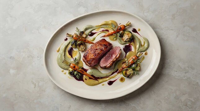 Gourmet roasted duck breast with herb sauce and artistic plating on a modern plate
