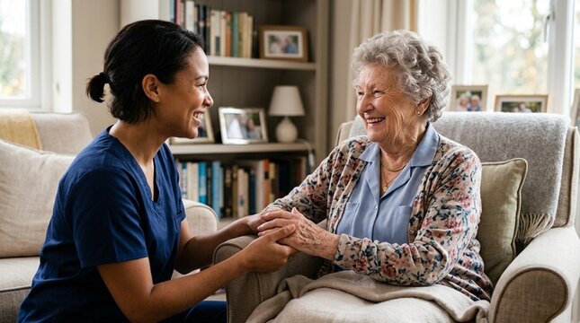 Caring Nurse with Elderly Woman in Home - Senior Care, Compassion, Companionship