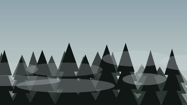 Fog banks rolling through pine forest silhouettes misty morning