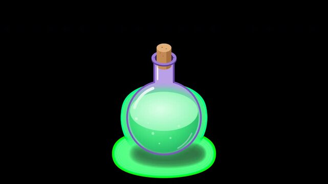 Cartoon magic potion bottle with glowing green elixir isolated on transparent background with alpha channel for game ui and visual effects compositing