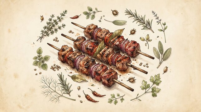 Vintage watercolor illustration of delicious grilled meat skewers with aromatic herbs and spices on old paper background