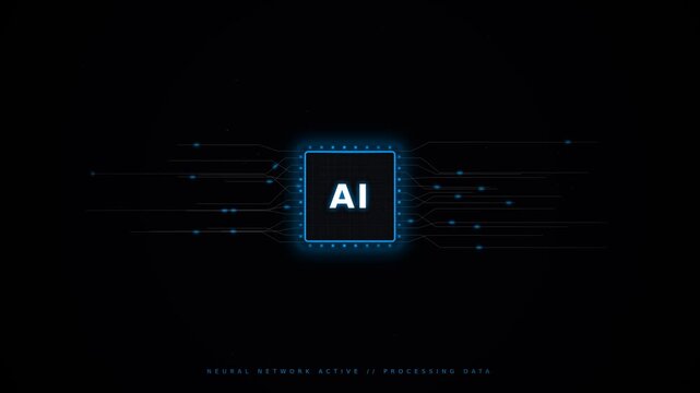 Futuristic AI processor with glowing blue circuit paths on a dark background, concept for artificial intelligence and machine learning, ideal for technology presentations and digital science articles.