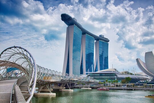 SINGAPORE CITY, SINGAPORE - MARCH 11, 2024: Marina Bay Sands hotel, casino and resort in Singapore City. It was designed by Moshe Safdie architects.
