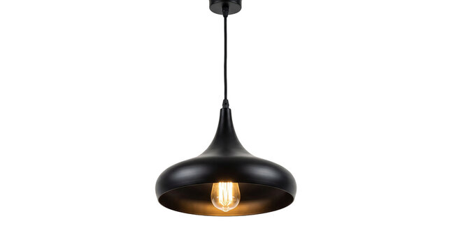 Modern industrial metal pendant lamp with glowing edison bulb hanging on black ceiling cord isolated.