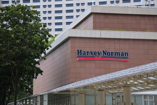 SINGAPORE CITY, SINGAPORE - MARCH 12, 2024: Harvey Norman store street view in Singapore City. Harvey Norman is a multinational retailer of furniture, home appliances and consumer electronics.
