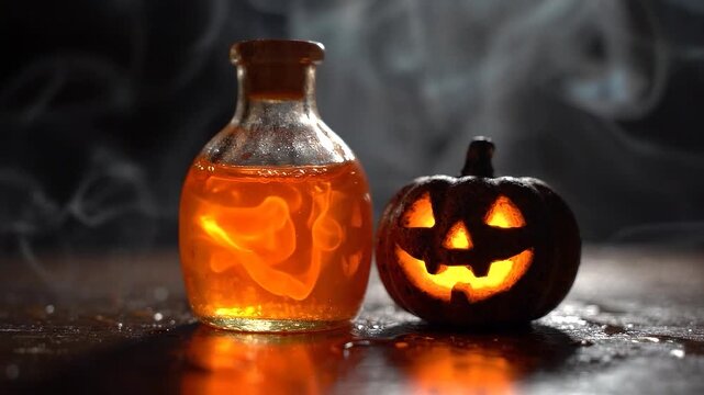 Spooky Halloween Jack-o-lantern and glowing orange magic potion bottle with swirling smoke on dark background