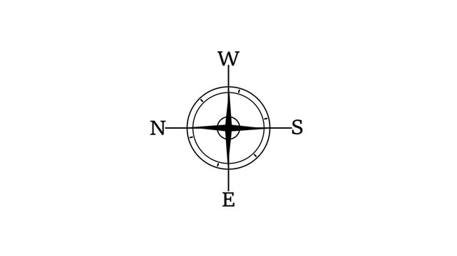 Black compass navigation icon with north, south, east and west directions on clean white background, classic orientation symbol for travel, navigation, exploration, maps and adventure