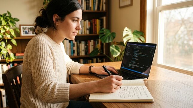 Side profile of a young woman typing code on a laptop at a wooden desk in a home library filled with books and plants, an open handwritten notebook resting beside her hand