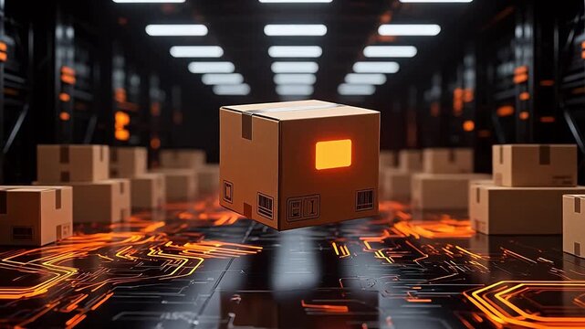 Floating brown box in futuristic warehouse
