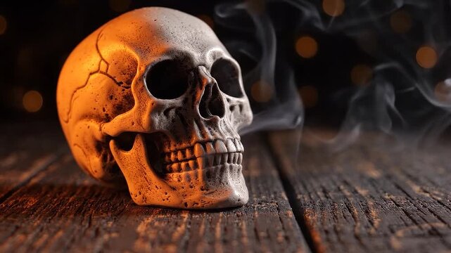 Human skull with smoke on a rustic wooden table with warm bokeh lights background