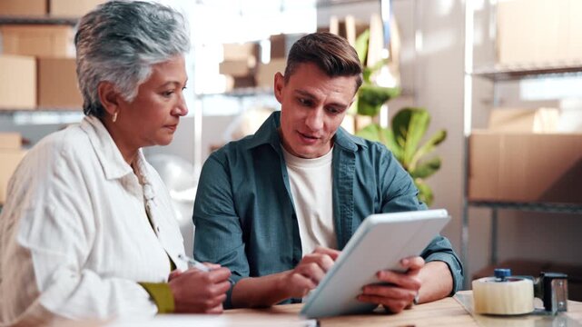 Logistics, discussion or team in office with tablet, order track or guidance on stock control site. Small business, people or supplier with tech, delivery feedback or advice on distribution platform.