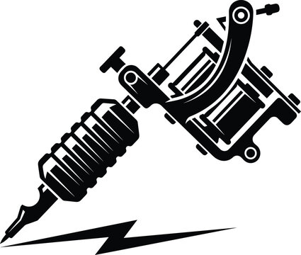 Professional induction tattoo machine silhouette with lightning bolt element, studio equipment emblem, retro master tool icon for body art,