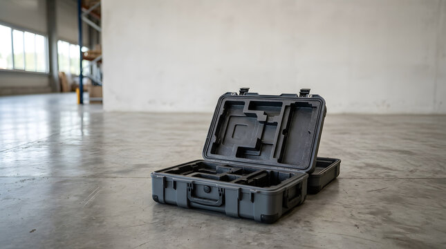 Rugged Equipment Transport Case with Molded Foam Interior in Empty Warehouse