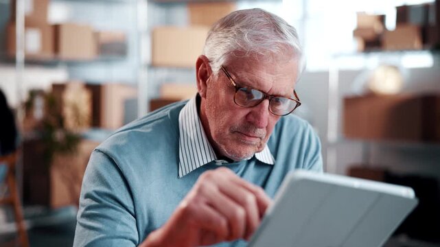Man, review and ecommerce startup with tablet, research and confirm order for stock control. Mature person, reading and website in office with digital, inventory availability and catalog for delivery