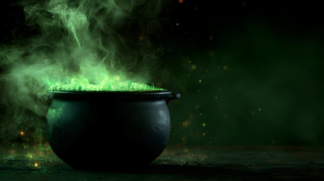 Horizontal stock image of a black cauldron bubbling with glowing green smoke on the left side, dark background with floating magical light specs, wide text area on the right.